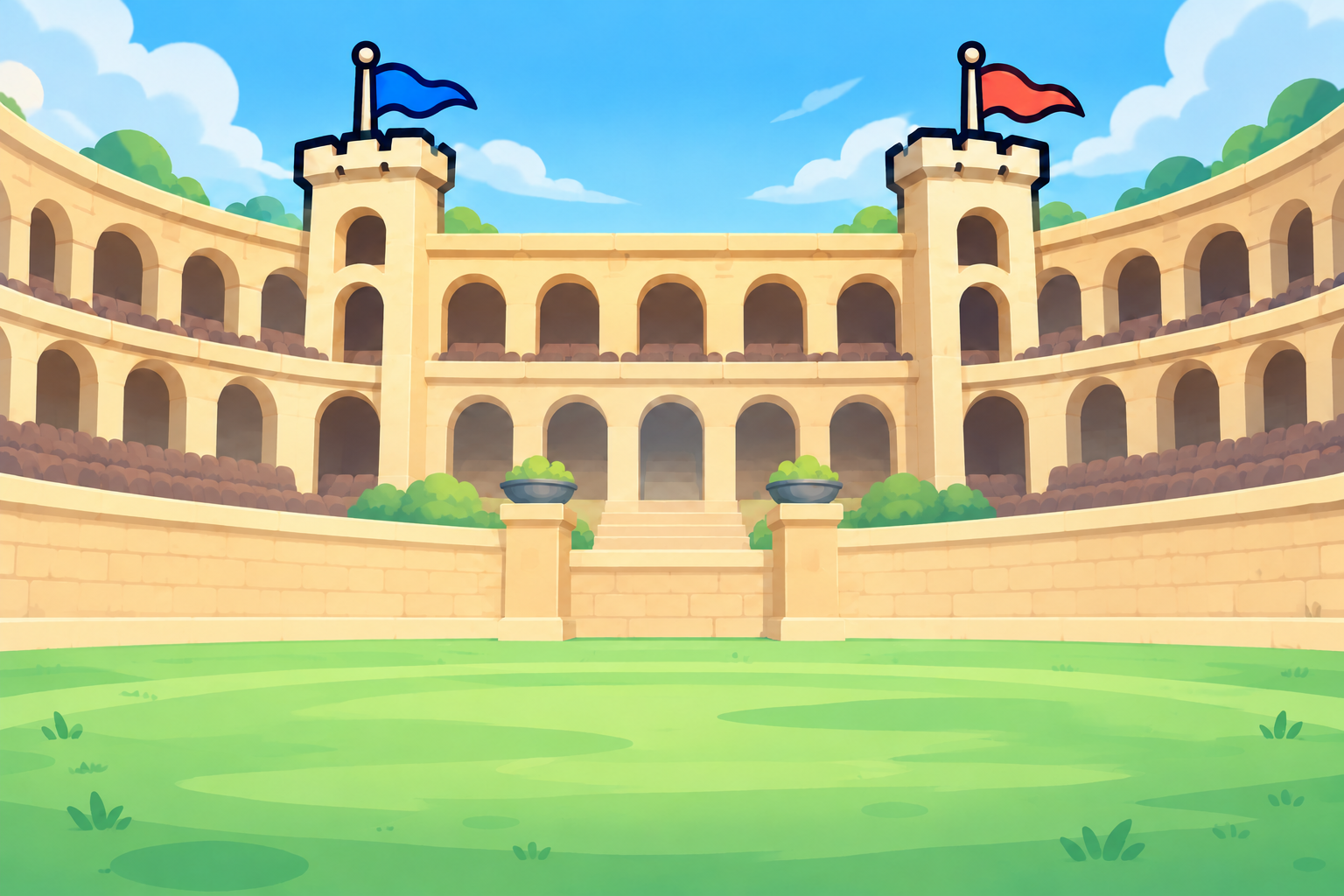 A sunny cartoon coliseum with blue and red flags.